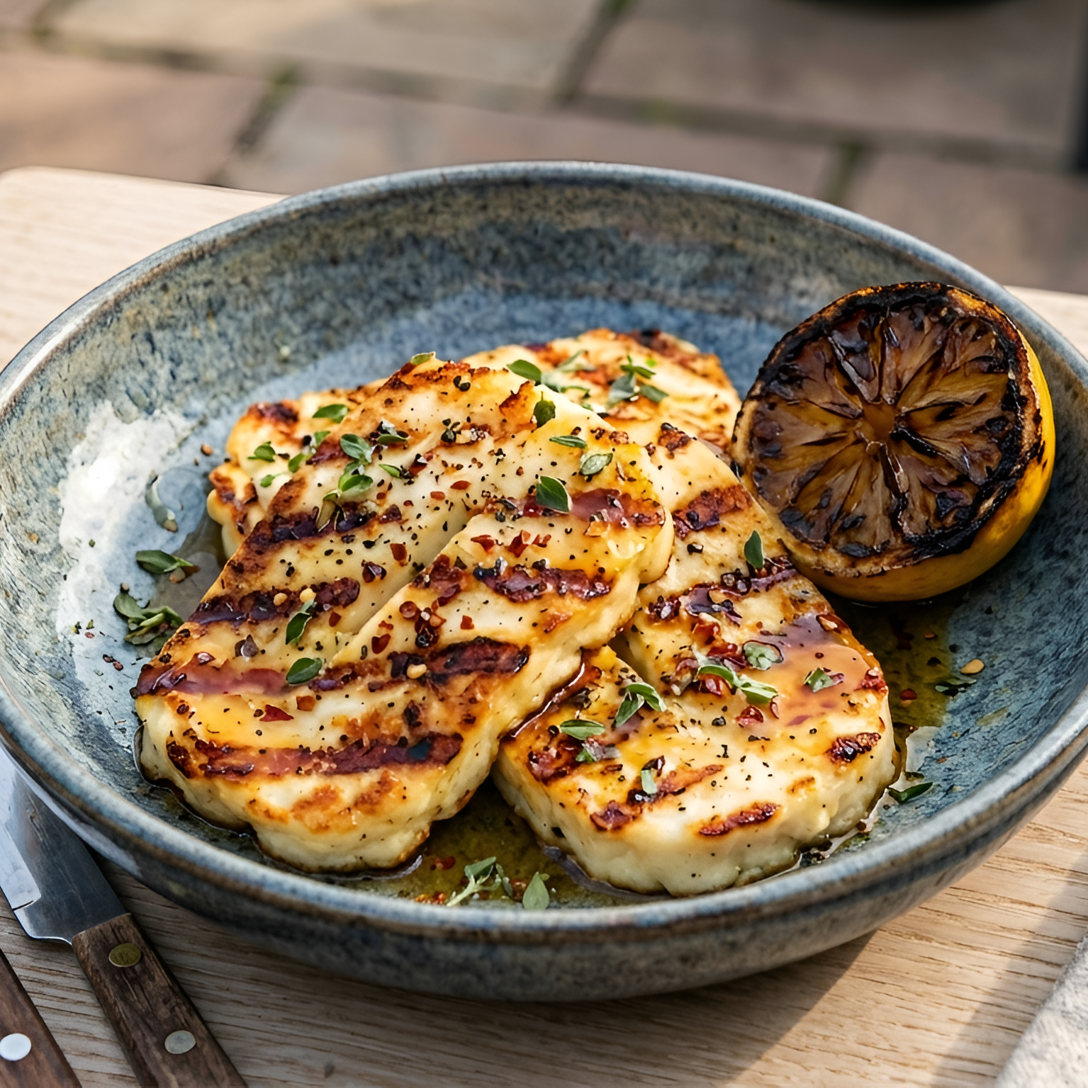 Grilled Halloumi with Hot Honey & Charred Lemon